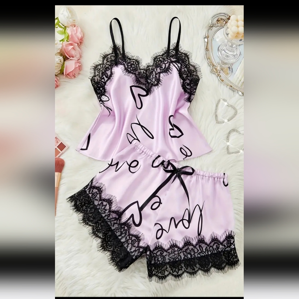 Lace and satin print pajama set